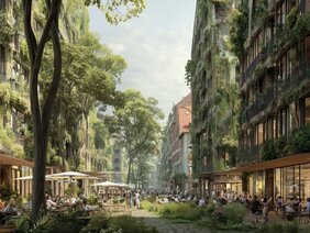 KI-generiertes Bild einer begrünten Innenstadt des Bunten Amts für Zukunft in Nürnberg